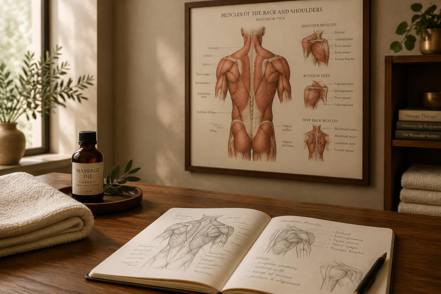 Planșă de anatomie a musculaturii spatelui, caiet de studiu și ulei de masaj